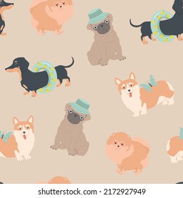 Seamless pattern with dogs. Summer funny illustration for kids. Dachshund, pomeranian, pug and corgi on summer vacation. For fabric, wallpaper, wrapping paper