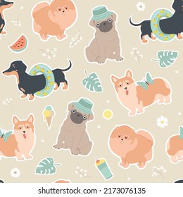 Seamless pattern with dogs. Summer funny illustration for kids. Dachshund, pomeranian, pug and corgi on summer vacation. Flowers, ice cream, watermelon, cocktails, butterflies, monstera.