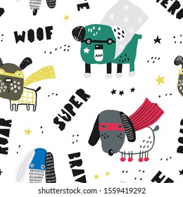 Seamless pattern with dogs superheroes. Cute kids print. Vector hand drawn illustration.