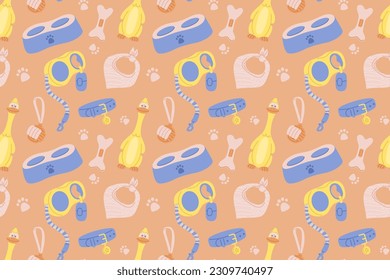 Seamless pattern with dogs supplies, pet shop background.