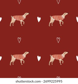 Patrón sin fisuras con perros en suéteres y corazones. Fondo con mascotas en la ropa. Patrón de invierno de Navidades lindas. Ilustración plana de Vector sobre un fondo rojo