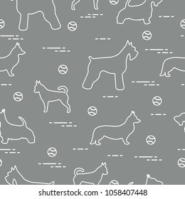 Seamless pattern with dogs and tennis balls. Game of pet.