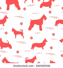 Seamless pattern with dogs and tennis balls. Game of pet.