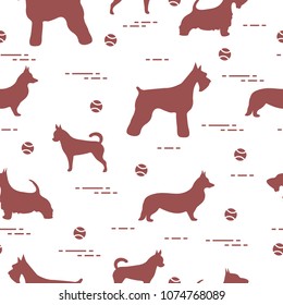 Seamless pattern with dogs and tennis balls. Game of pet.