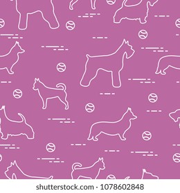 Seamless pattern with dogs and tennis balls. Game of pet.