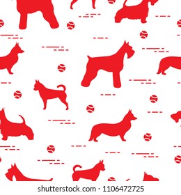 Seamless pattern with dogs and tennis balls. Game of pet.