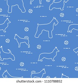 Seamless pattern with dogs and tennis balls. Game of pet.