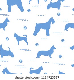 Seamless pattern with dogs and tennis balls. Game of pet.