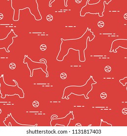 Seamless pattern with dogs and tennis balls. Game of pet.