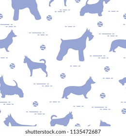 Seamless pattern with dogs and tennis balls. Game of pet.