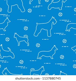 Seamless pattern with dogs and tennis balls. Game of pet.