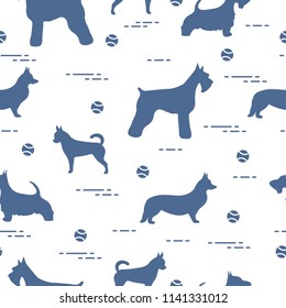 Seamless pattern with dogs and tennis balls. Game of pet.