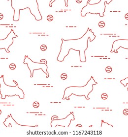 Seamless pattern with dogs and tennis balls. Game of pet.