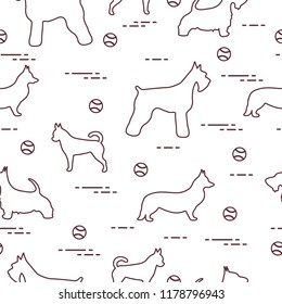 Seamless pattern with dogs and tennis balls. Game of pet.
