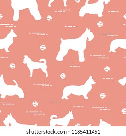 Seamless pattern with dogs and tennis balls. Game of pet.