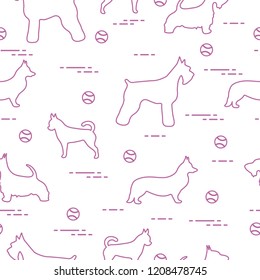 Seamless pattern with dogs and tennis balls. Game of pet.