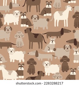 Perros de patrón sin foco varias razas mascotas mascotas vintage papel tapiz marrón animales zoo ilustración de fauna divertida