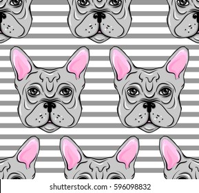 Seamless pattern with dogs. Vector background with a French Bulldog. Cute cartoon animals print. Trendy print for packaging, fabric, wallpaper, cover. Cute illustration for your design.