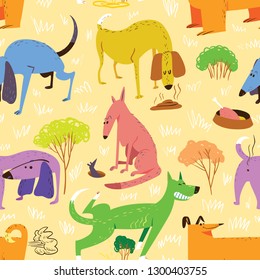 Seamless pattern with dogs. Vector illustration with cute cartoon pets . Colorful funny animal characters in childlike style. Collection with cheerful dogs for backgrounds, textile, wrapping, surfaces