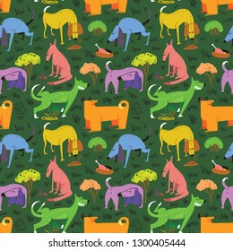 Seamless pattern with dogs. Vector illustration with cute cartoon pets . Colorful funny animal characters in childlike style. Collection with cheerful dogs for backgrounds, textile, wrapping, surfaces