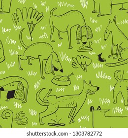 Seamless pattern with dogs. Vector illustration with cute cartoon pets . Funny animal characters in doodle style. Collection with cheerful dogs for backgrounds, wrapping, surfaces