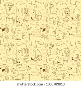 Seamless pattern with dogs. Vector illustration with cute cartoon pets . Funny animal characters in doodle style. Collection with cheerful dogs for backgrounds, wrapping, surfaces