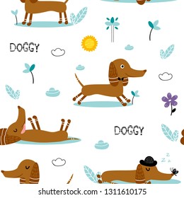 Seamless pattern with dogs, vector. 
Modern hand drawn style. Good for wallpaper, children room decoration, kid’s books, greeting cards.