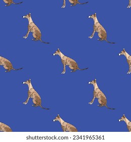 Seamless pattern with dogs, Whippet breed, holiday texture. Dog Packaging blue wrapping paper. Trendy hand-drawn funny breed wallpaper. Fun seamless happy cute side view dogs on a square repeatable.