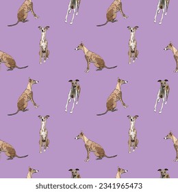 Seamless pattern with dogs, Whippet breed, holiday texture. Dog Packaging pink wrapping paper. Trendy hand-drawn funny breed wallpaper. Fun seamless happy cute side view dogs on a square repeatable.