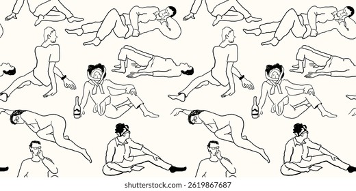 seamless pattern with doing exercise people in hand drawn sketching style in vector. Element for poster wallpaper background wrapping textile prints postcard packaging