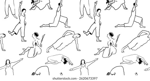 seamless pattern with doing exercise people in hand drawn sketching style in vector. Element for poster wallpaper background wrapping textile prints postcard packaging