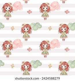 Seamless pattern with doll, clouds, cute childish wallpaper. Watercolor girls background in pastel colors