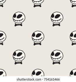 Seamless pattern with doll head skull illustration. Stitched mouth big black-eyed toy. Fantastic repeating doodle character texture. Black and white creative vector background. Cool halloween concept.