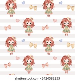 Seamless pattern with doll, heart, cute childish wallpaper. Watercolor girls background in pastel colors