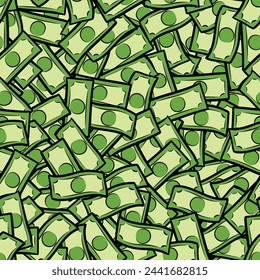 Seamless pattern of dollar bills in simple comics style. Big pile of green cash laying in random order. Vector illustration.