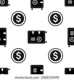 Seamless pattern with dollar coin and metal bank safe. Black closed safe and profit on white background. Money saving, closed steel safe. Monochromatic texture, decoration. flat vector illustration