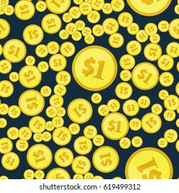 Seamless pattern with lot of dollar golden coins. Financial or gambling background. Repeating texture with USA money symbols randomly placed on black. Flat style vector eps8 illustration.