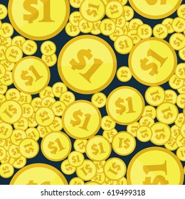 Seamless pattern with lot of dollar golden coins. Financial or gambling background. Repeating texture with USA money symbols randomly placed on black. Flat style vector eps8 illustration.
