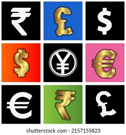 Seamless pattern with dollar, rupee, yen, euro, and pound. Stock currency. Design for wall decoration, postcard, poster, brochure, etc