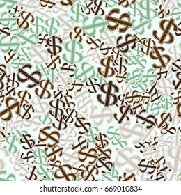 Seamless pattern. Dollar signs scattered in disarray. Pale green, green, brown tones.
