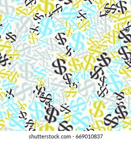 Seamless pattern. Dollar signs scattered in disarray. White, blue, gray, black, yellow-green.