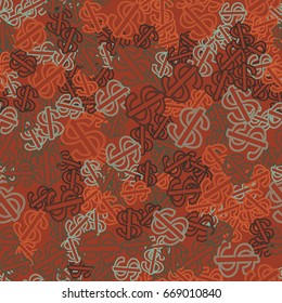 Seamless pattern. Dollar signs scattered in disarray. Red-brown, green-blue, black.