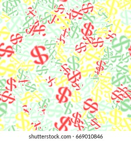Seamless pattern. Dollar signs scattered in disarray. White, green, red, yellow.