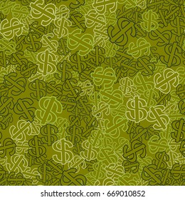 Seamless pattern. Dollar signs scattered in disarray. Khaki, green-yellow tones.