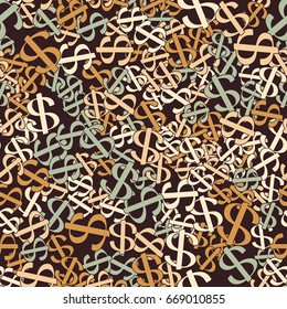 Seamless pattern. Dollar signs scattered in disarray. Beige, brown, blue-green.