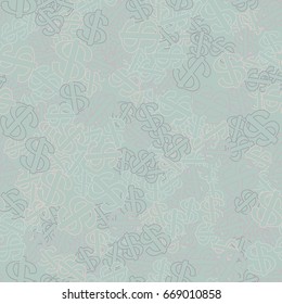 Seamless pattern. Dollar signs scattered in disarray. Gray-green and pink tones.