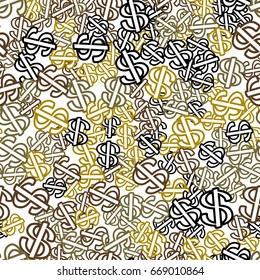 Seamless pattern. Dollar signs scattered in disarray. White, brown tones, black.