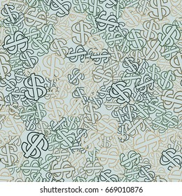 Seamless pattern. Dollar signs scattered in disarray. Gray-blue, yellow, green, brown.