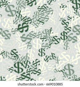Seamless pattern. Dollar signs scattered in disarray. Gray, green tones, white.