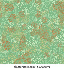 Seamless pattern. Dollar signs scattered in disarray. Green, white, yellow, red.